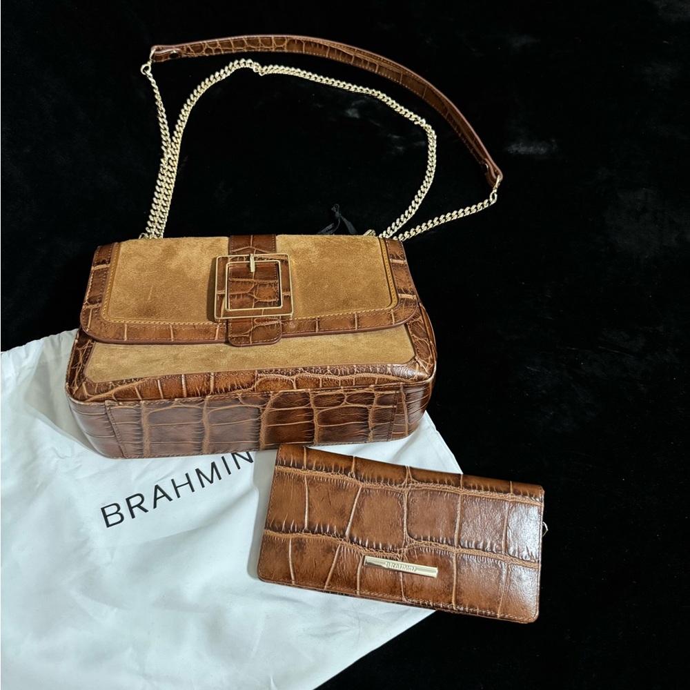 Brahmin Brown Croc-Embossed Shoulder Bag and Wallet Set